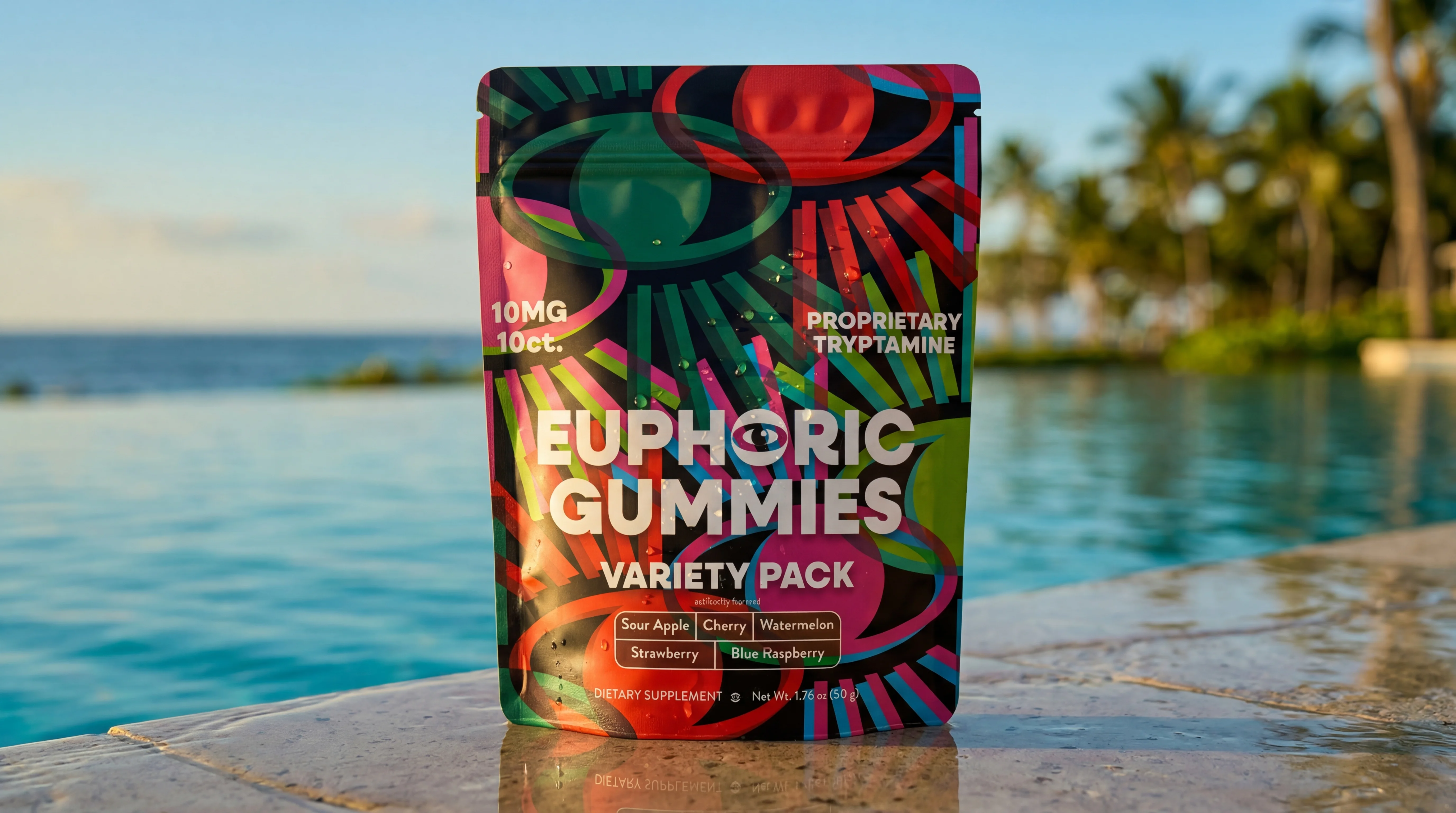 Euphoric Gummies by the pool at golden hour